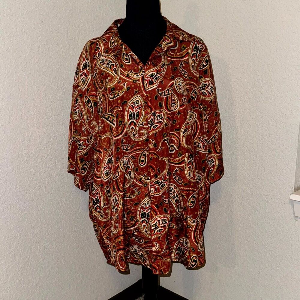 Cambridge Classic Shirt‎ Men's Large Brown Paisley Silk Short Sleeve Button-Up